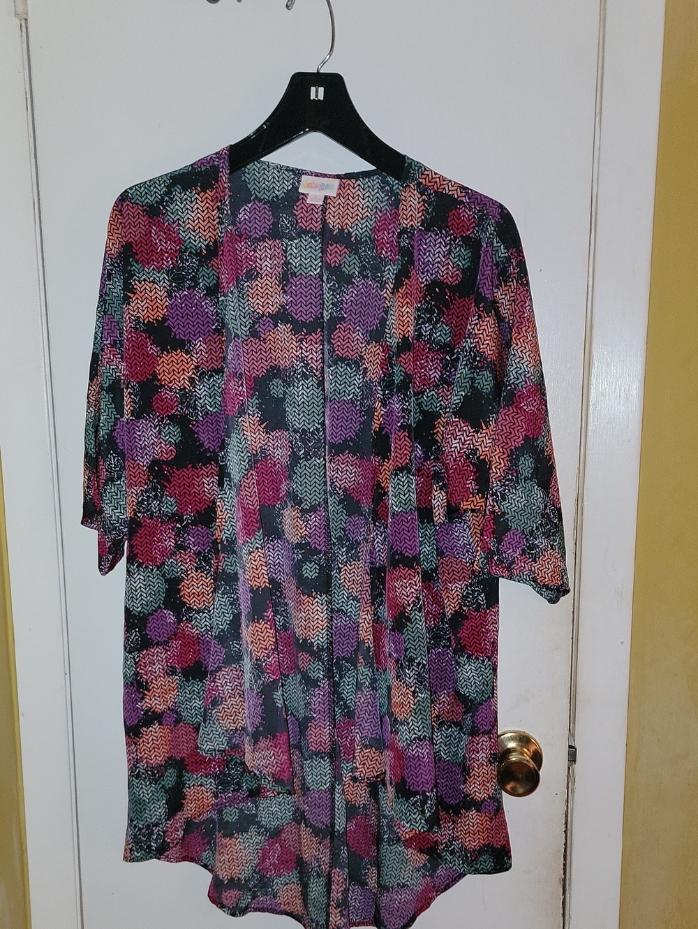 LuLaRoe Open-Front Tunic in Purple, Pink & Teal Mosaic